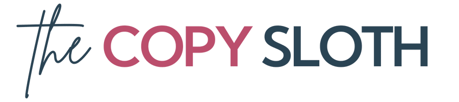 Logo with the words The Copy Sloth in a mix of casual script and bold uppercase fonts, with COPY in pink and the rest in dark blue.