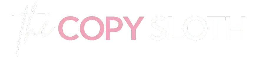 Logo with the words the COPY SLOTH. the and SLOTH are in white, COPY is in pink, on a light gray background.