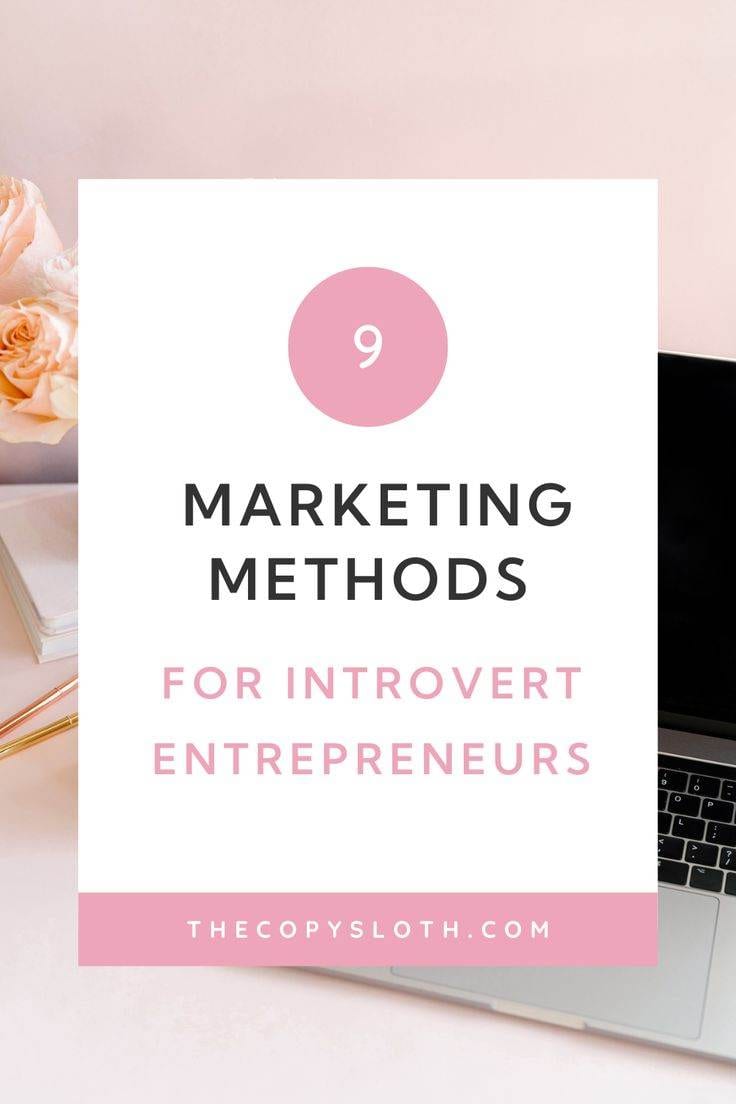 A promotional graphic titled “9 Marketing Methods for Introvert Entrepreneurs” is displayed on a laptop with flowers and a pen nearby. Website: thecopysloth.com.
