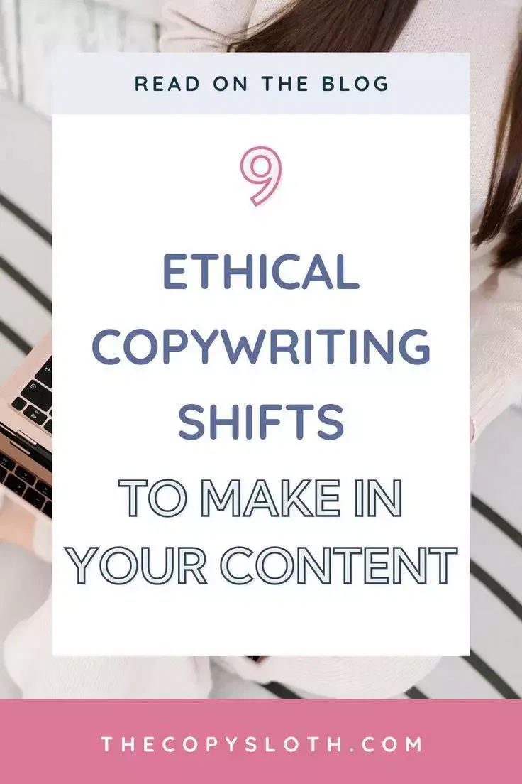 A laptop user sits beside a sign that reads, 9 Ethical Copywriting Shifts to Make in Your Content, with a blog link shown at the bottom.