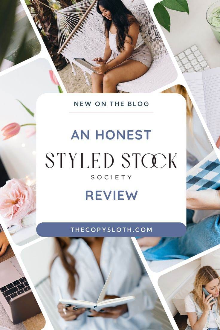 Collage of women working with notebooks and laptops, surrounding a central text: An Honest Styled Stock Society Review - thecopysloth.com.