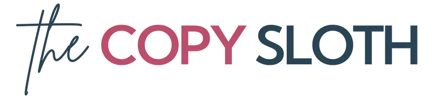 Logo with the words The Copy Sloth in a mix of casual script and bold uppercase fonts, with COPY in pink and the rest in dark blue.