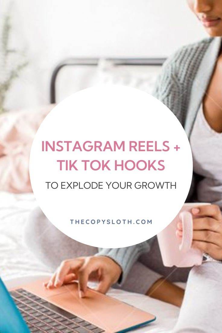 A person uses a laptop while holding a pink mug. Text on the image promotes Instagram Reels + TikTok Hooks to explode your growth and shows thecopysloth.com.