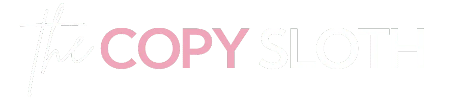 Logo with the words the COPY SLOTH in white and pink text on a black background.