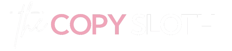 Logo with the words the COPY SLOTH. the and SLOTH are in white, COPY is in pink, on a light gray background.