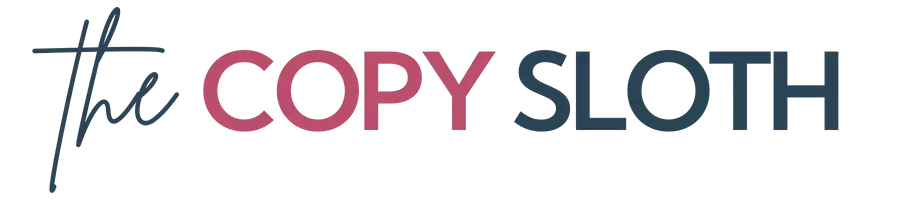 Logo with the words The Copy Sloth in a mix of casual script and bold uppercase fonts, with COPY in pink and the rest in dark blue.