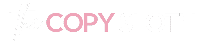 Logo with the words the COPY SLOTH. the and SLOTH are in white, COPY is in pink, on a light gray background.