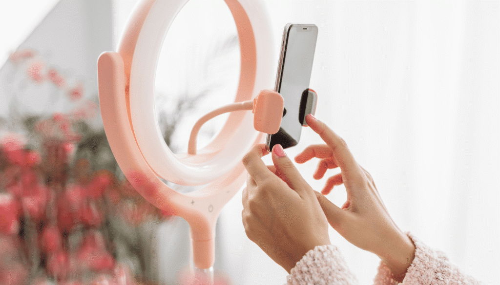 A person adjusts a smartphone on a pink phone holder with an attached ring light, with blurred red flowers in the background.