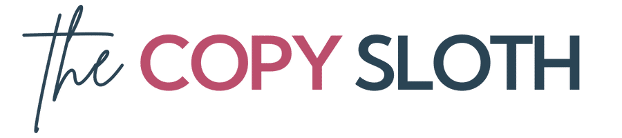 Logo with the words The Copy Sloth in a mix of casual script and bold uppercase fonts, with COPY in pink and the rest in dark blue.
